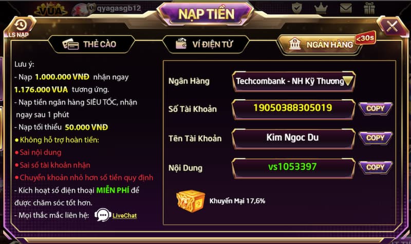Nạp tiền Vuaclub qua các hình thức phổ biến
